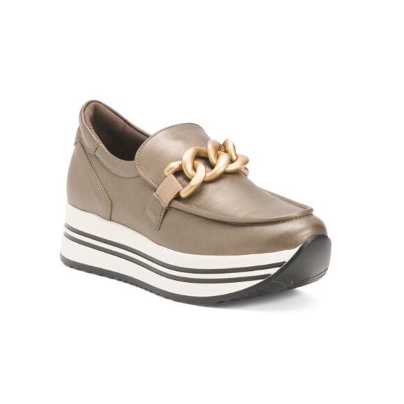 NEROGIARDINI Bronze Made In Italy Leather Chain Platform Slip On Shoes - Picture 1 of 2